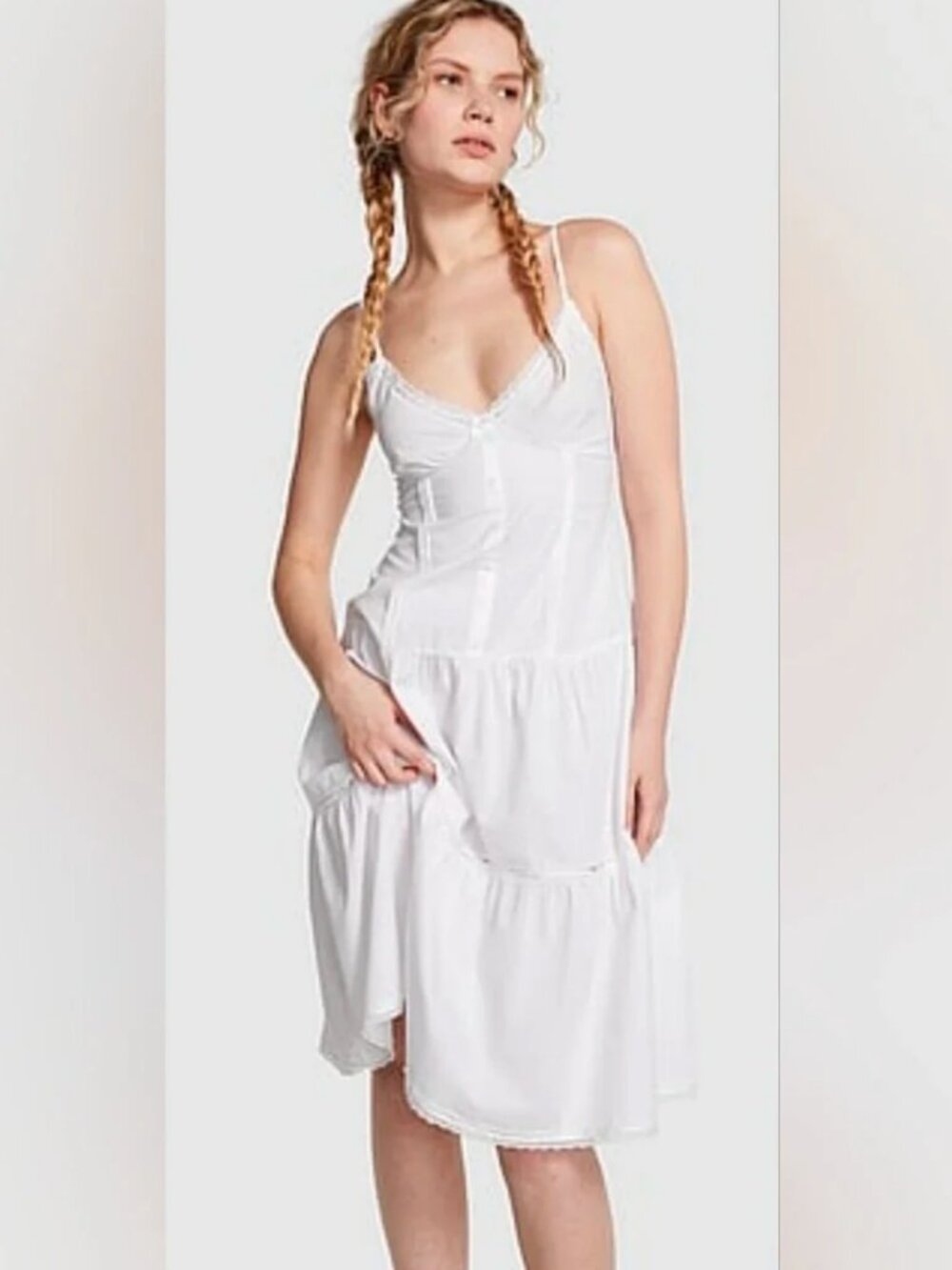 Pink by Frankies Bikinis Indiana Tiered Poplin White Midi Dress Sz. M NWT